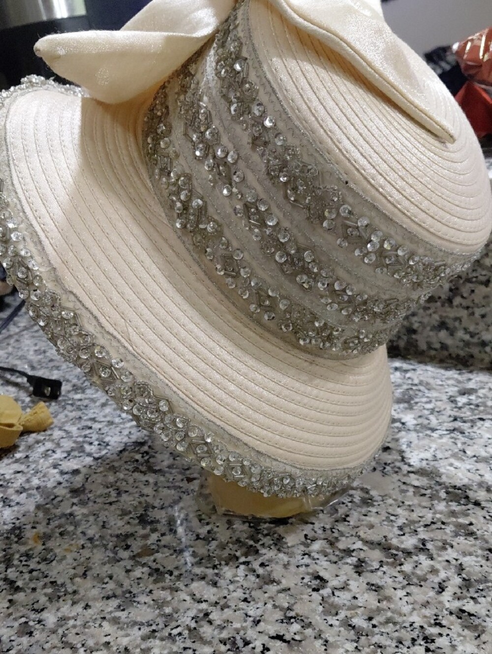Elegant Cream Whitall Shon Wide-Brim Women's Hat with Bow and Rhinestones Beige - Picture 3 of 9